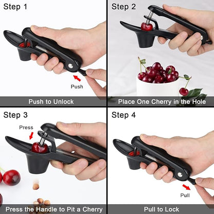 Cherry Pitter, Heavy-Duty Olive and Cherry Pitters Corer Tool with Space-Saving Lock Design, Multi-Function Cherries Stoner Seed Remover Tool for Making Cherry Jam (Black)