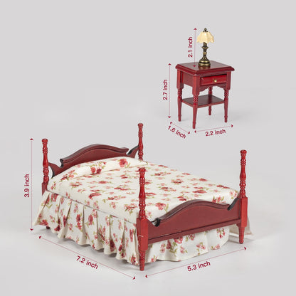 SAMCAMI Miniature Dollhouse Furniture - Victorian Wooden Dollhouse Furniture Set for Dollhouse Bedroom Incl Classical Bed, Bedside Table, Table Lamps (Bedroom Set)
