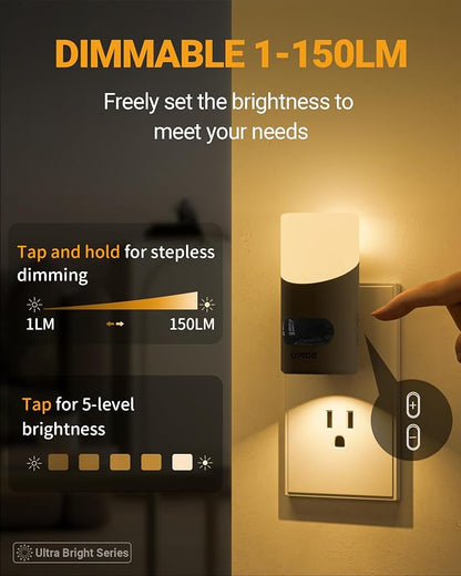 Lyridz LED Night Lights Plug into Wall with Motion Sensor, 1-150LM Dimmable Plug-in Nightlight Indoor for Bedroom, Bathroom, Hallway, Stairs, Pet House, Toilet, 2 Pack