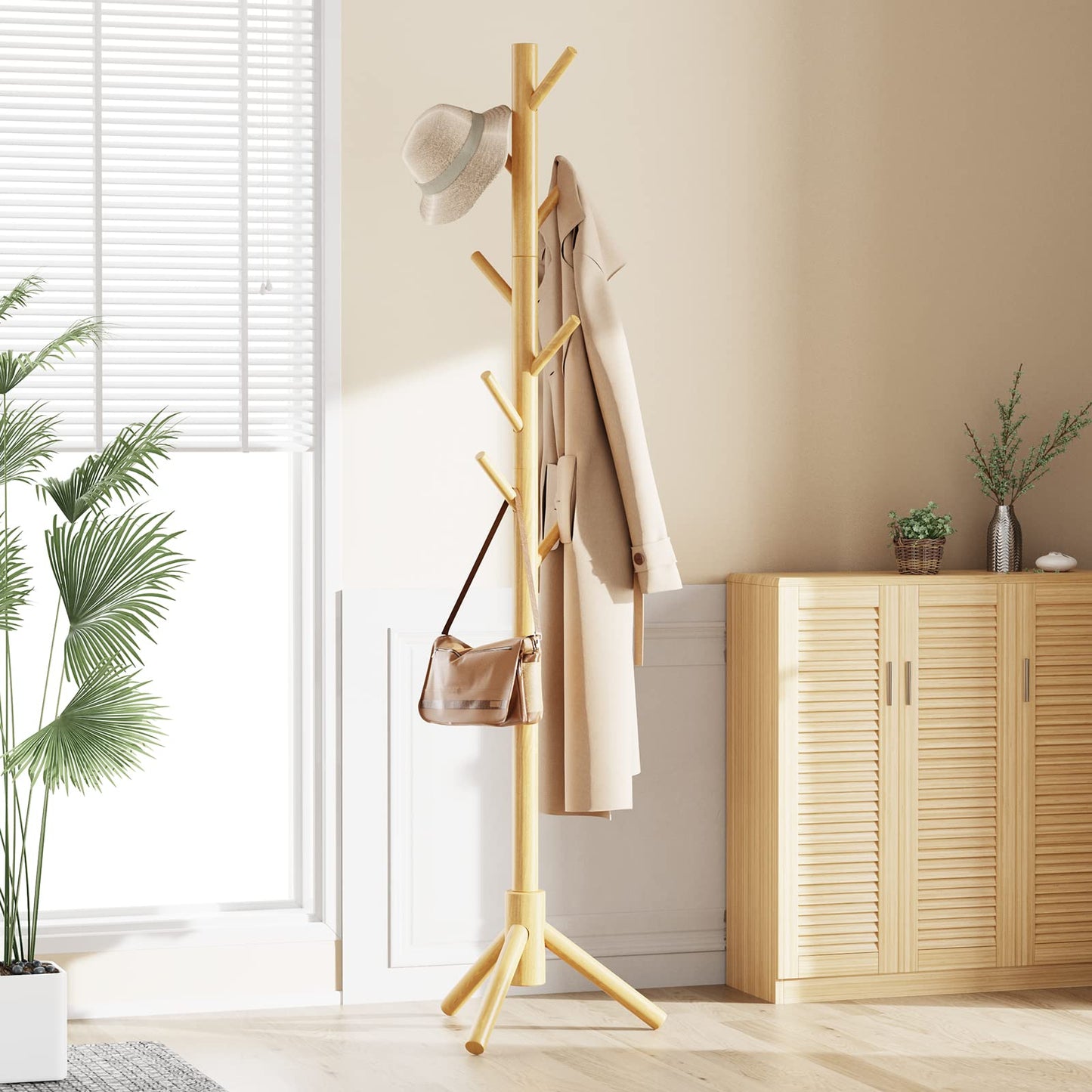 Pipishell Solid Wooden Coat Rack Freestanding, Hall Tree with 8 Hooks, 3 Height Options for Coats, Hats, Handbags, and Scarves, Tool-Free Assembly, Space Saving Design for Entryway, Office, Bedroom