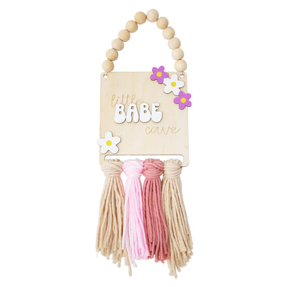 Little Babe Cave, Boho Style Wooden Bead Girls' Decor, Floral macrame Girls Sign, Daisy Sign - Nursery Decor
