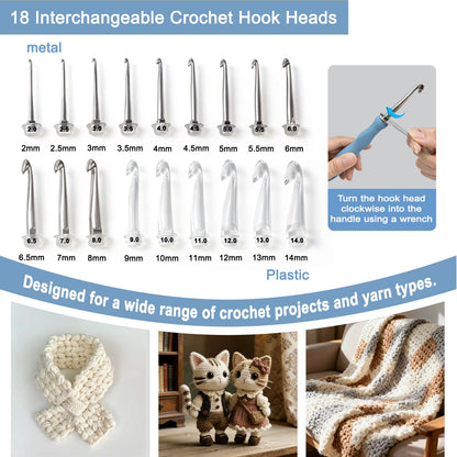 Light Up Crochet Hooks Set with Digital Stitch/Row Counter,18 Interchangeable Hooks (2.0–14.0 mm), Ergonomic Comfort Grip,Dual Light Modes with a Storage Case – A Perfect Gift for Crocheters