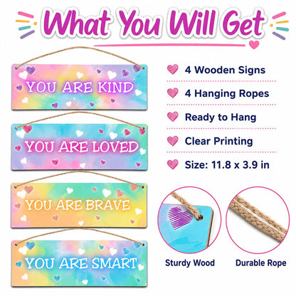 4 Pieces Tie Dye Kids Room Wall Decor Wooden Signs, Motivational Wall Art for Girls Bedroom, Nursery, Playroom, Classroom Decor, You Are Loved Brave Kind Smart(Sign-04)