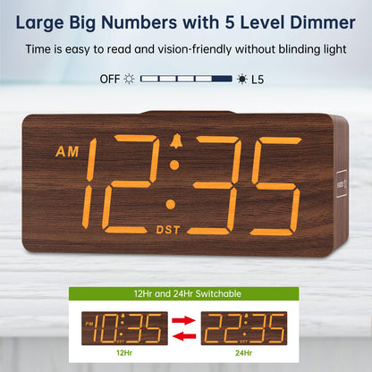 DreamSky Wooden Digital Alarm Clock with Wireless Charging for Bedroom