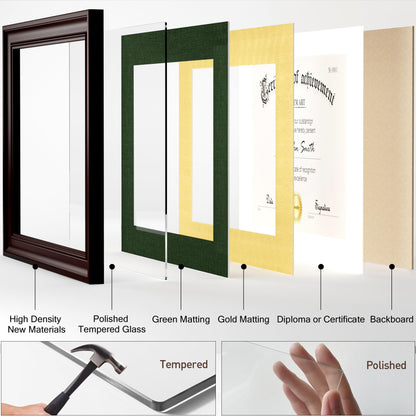 Yaetm 11x14 Diploma Frame, Certificate Frame with Tempered Glass, Display 8.5x11 Document with Dark Green Over Gold Acid-free Mat or 11 x 14 without Mat, Wide Molding (Single, Brown/Green)