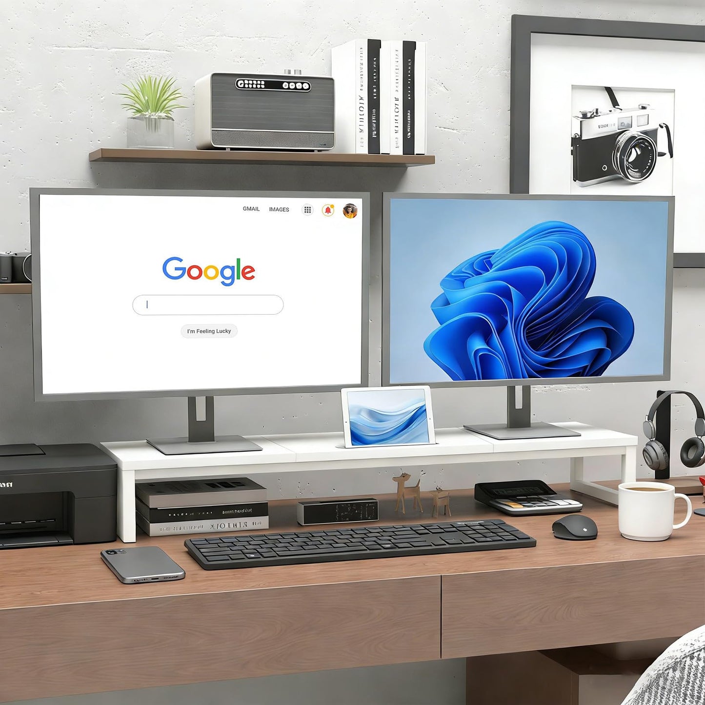 huacz Dual Monitor Stand Riser, 38.7'' Long Wood and Steel Monitor Stand for 2 Monitors, Ergonomic Desktop Organizer with Tablet Stand for Computer,Laptop,TV (White)