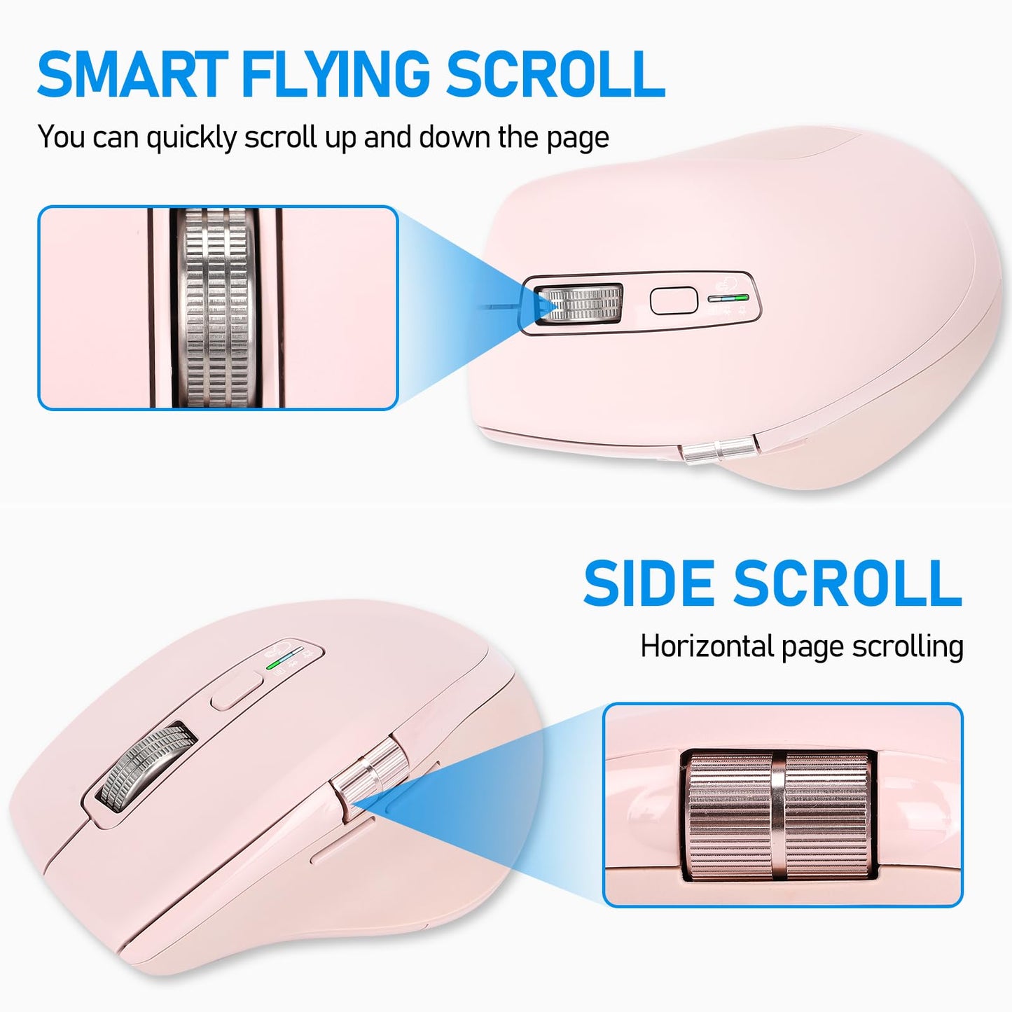 Wireless Side Scroll Mouse with Multi-Device, Ergonomic Computer Mice with Smart Flying Scroll, Quiet Click for Computer, Laptop, iPad, Tablet, MacBook (Grey)