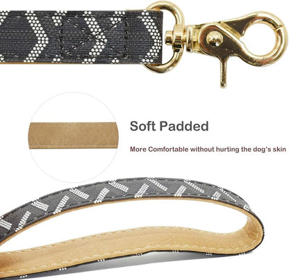 Leather Dog Collar and Leash Set, Check Pattern Dog Collar Leashes Metal Buckle Adjustable Durable for Small Medium Large Dogs (Black, M(11.8-15IN))