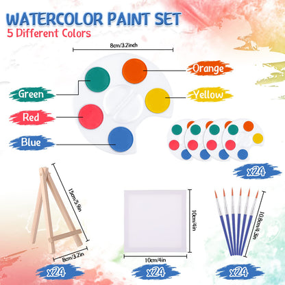 Crtiin Mini Watercolor Paint Set Gifts 4x4" Small Painting Kits Canvas with Easel Paints Brush Art Party and Watercolor Party Favor for School Classroom Birthday(24 Set)
