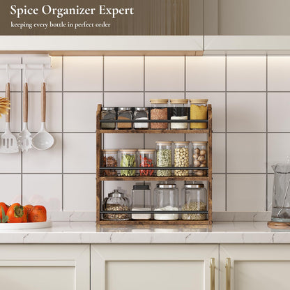 BCOZLUX Spice Rack Wall Mounted, Wood 3 Tier Spice Rack for Countertop, Vertical Spice Organizer for Spice Jars and Seasonings, Hanging Spice Shelf for Kitchen Cabinet, or Pantry, Rustic Brown