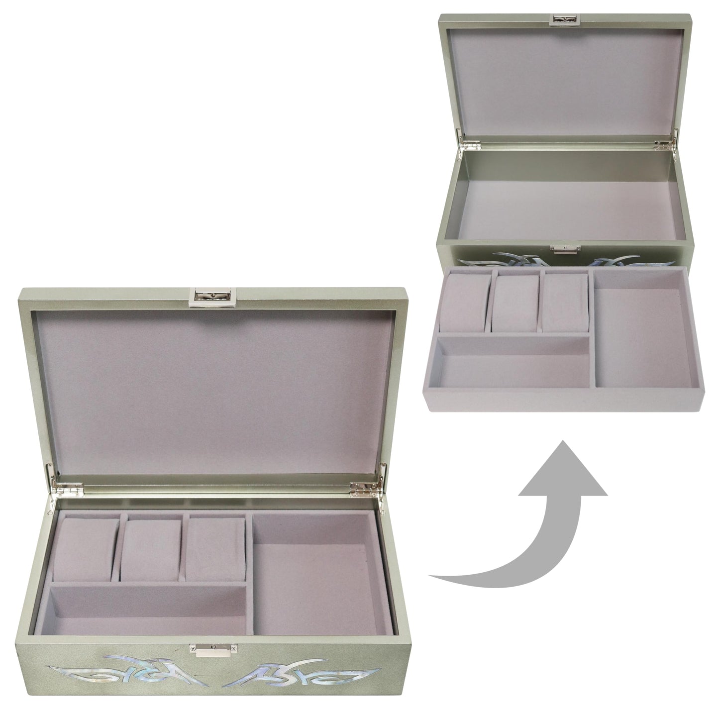 MADDesign Mother of Pearl Watch Box Jewelry Organizer Daily Storage Handmade Tribal Dragon Design (Metallic Silver)