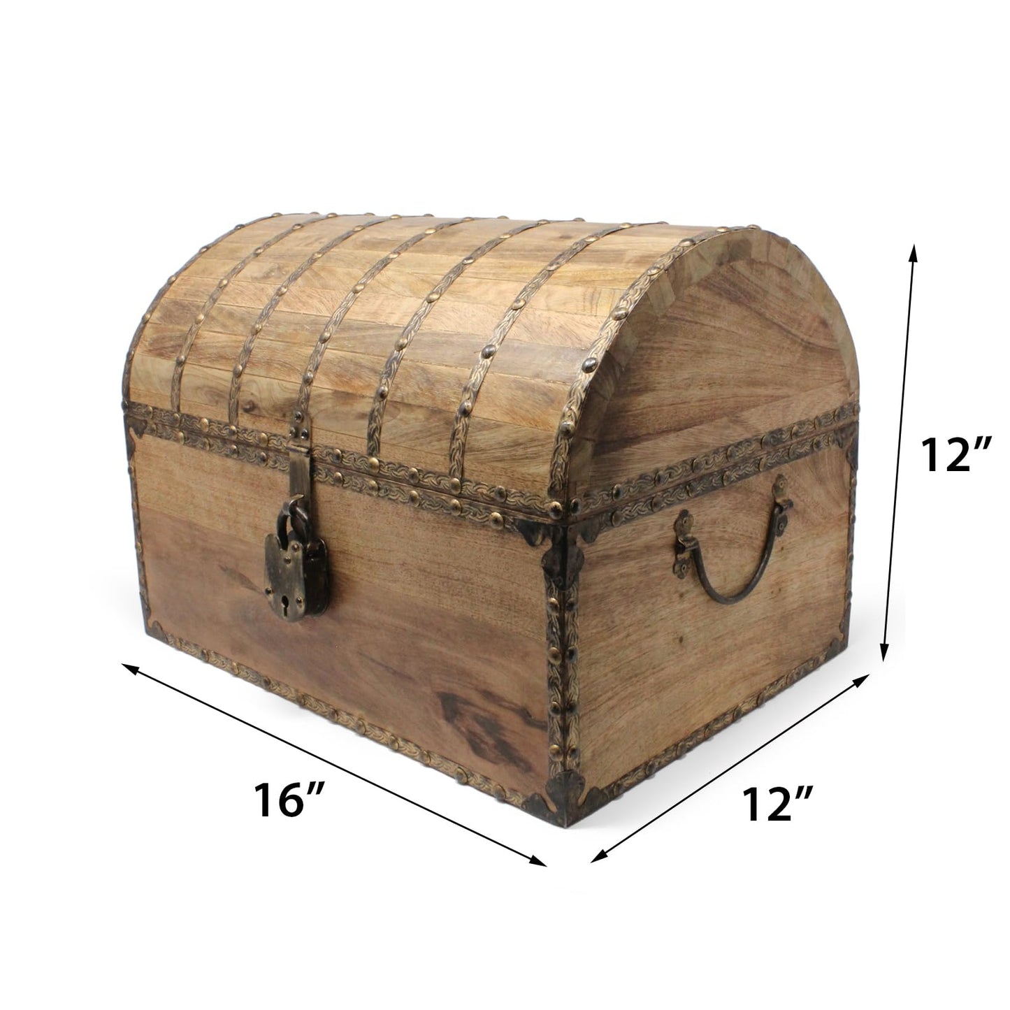 Nautical Cove Antique Finish Wood Treasure Chest with Decorative Rivets and Reinforcing Iron Strips with Lock and Skeleton Keys (Light Antique, X-Large 16x12x12) - Wooden Keepsake Box, Storage Chest