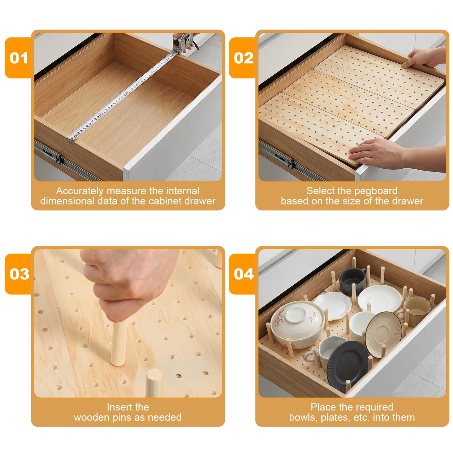 Afcabakila 3Pcs Wood Pegboard Drawer Organizer with 32 Pegs Wooden Peg Board System for Kitchen Dishes Plate 17 x 5.91 in Natural Wood Color
