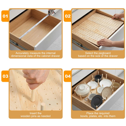 Afcabakila 3Pcs Wood Pegboard Drawer Organizer with 32 Pegs Wooden Peg Board System for Kitchen Dishes Plate 17 x 5.91 in Natural Wood Color