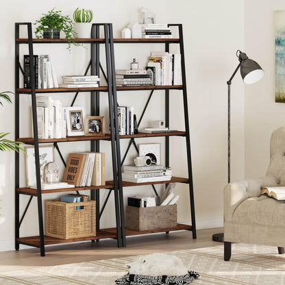 BON AUGURE Ladder Shelf Bookcase, 5-Tier Industrial Ladder Bookshelf, Tall Living Room Shelves, Wood and Metal Leaning Shelf for Home Office, Kitchen, Bedroom, Balcony (Rustic Oak)