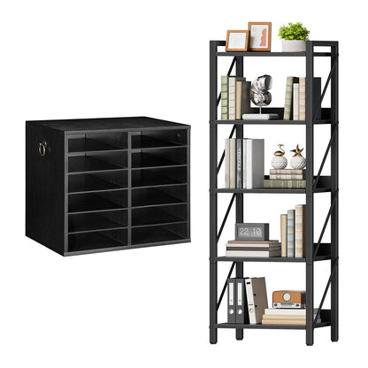 HOOBRO Literature Organizer and Bookshelf Bundle, 12 Compartments Office Mailbox with Adjustable Shelves, 5-Tier Industrial Bookcase for Home, Office, Black BK12WF01-BB73SJ01