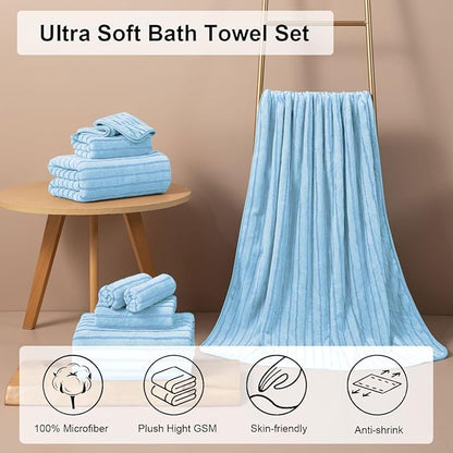 8 Pcs Blue Cabana Stripe Bath Sheet Set Oversized Bath Towel-2 Bathroom Sheets