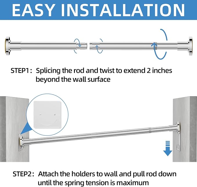 CorkLatta Chrome Shower Curtain Rod,1 Inch Diameter Stainless Steel Adjustable Spring Tension Rods 32 to 92",with Holders,Anti-Slip,Curtain Rods No Drilling(1 Pack)