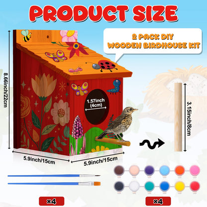 Humyoun 2 Pack Large Wood Bird Houses with Painting Kits for Outside with Pole Wooden Bird House for Finch Bluebird Cardinals Hanging Birdhouse Clearance Garden Country Cottages