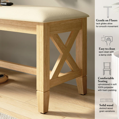 Bush Home 44-Inch Upholstered Dining Room Bench, Farmhouse Wooden X Design, Cushioned Seat for Kitchen Table or Entryway, No Table, Key West Collection, Blonde Oak and Bright Beige Fabric