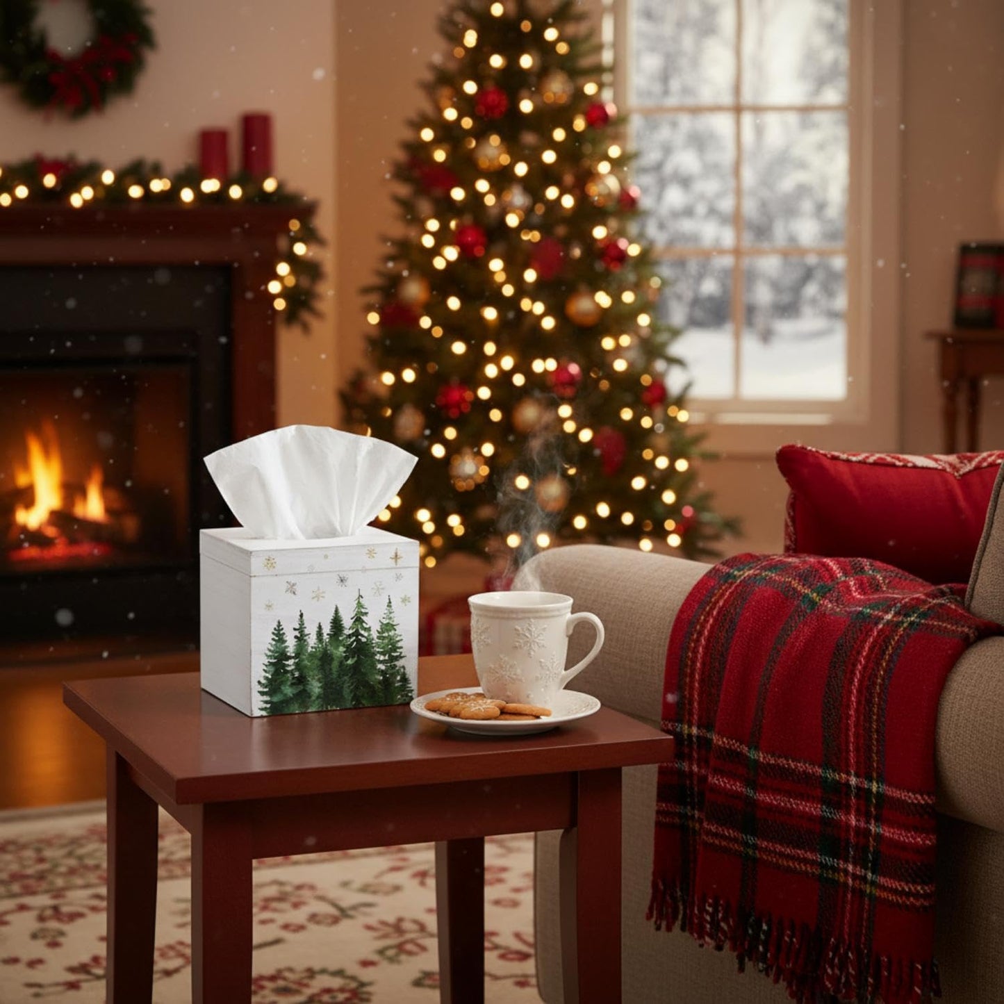 Yalikop 2 Pcs Christmas Tissue Boxes Cover 6 Inch Christmas Winter Holiday Xmas Pine Trees Square Tissue Case Cover Holder T for Square Wooden Decorative for Home Living Room Bathroom Office Decor