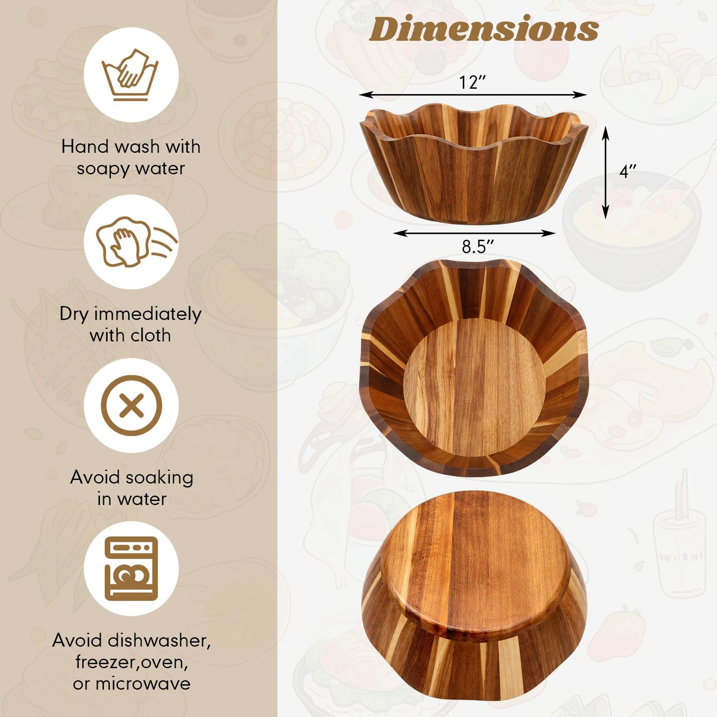 Ferrochef 2 Pcs Scalloped Decorative Wooden Bowl 12 Inch Acacia Wood Fruit & Serving Bowl Handcrafted Rustic Decorative Bowls for Fruit, Salad, Snacks and Home Kitchen Counter Decor Wedding Decor