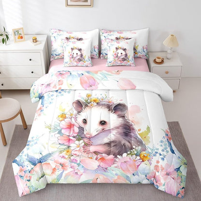 Feelyou Cute Opossum Comforter Set Twin 7 Pcs Cartoon Animal Theme Bedding Set Flower Floral Print Farmhouse Zoo Wildlife Style Decor Bed in a Bag with Comforter, Sheets, Pillowcases & Cushion Cover