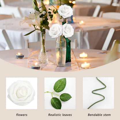 WANTMAZOR 200PCS Artificial Flowers White Roses Real Looking Foam Fake Roses with Leaves and for DIY Wedding Bouquets Bridal Shower Centerpieces Party Decorations (White, 200)