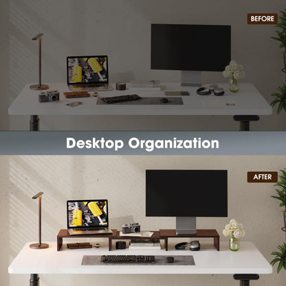 FITUEYES Dual Monitor Stand – 3 Shelf Computer Monitor Riser, Wood Desktop Stand with Adjustable Length and Angle, Desk Accessories, Office Supplies Medium Brown, DT108002WB