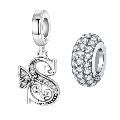PANPOKI 2 Pack 925 Sterling Silver Butterfly Letter Charms for Bracelets and Necklace Alphabet Dangle Pendants Round Spacer Beads Pave Cubic Zirconia Jewelry Gift for Women (S Set)