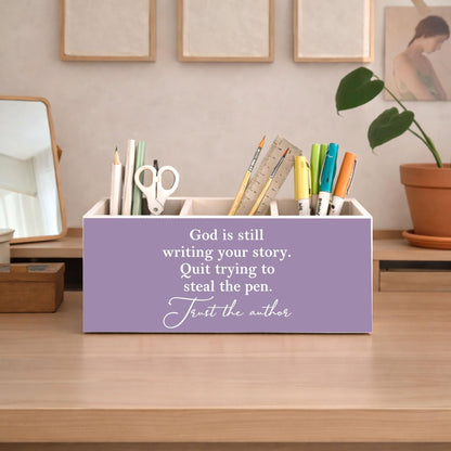 GGED God is Still Writing Your Story Pen Holder, Inspirational Desk Organizer, Wooden Pencil Caddy with 3 Compartments for Office, Home, Classroom
