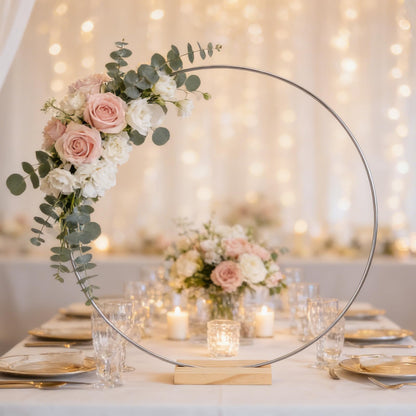 6 Pack Floral Hoop with Stand and 38-Yard Paddle Wire 24 Inch Metal Rings for DIY Centerpiece Table Decorations Crafts Macrame Rings Hoop Wreath Dream Catcher Rings Wedding Christmas Wreaths, Silver