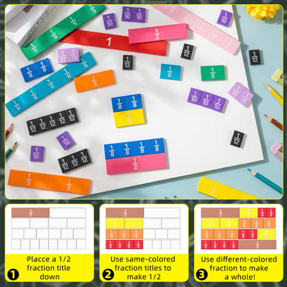 Sayglossy 12 Sets Fraction Tiles Set for Classroom Rainbow 11.8 x 8 in Fraction Strips Bars Math Manipulatives Montessori Math Materials for Home Learning School Educational (Muted Color)
