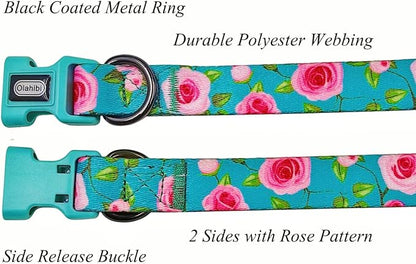 Dog Collar and Leash Set, Rose Pattern, Polyester Material, 5ft Matching Leash, for Medium Dogs.(M, Green Rose Set)