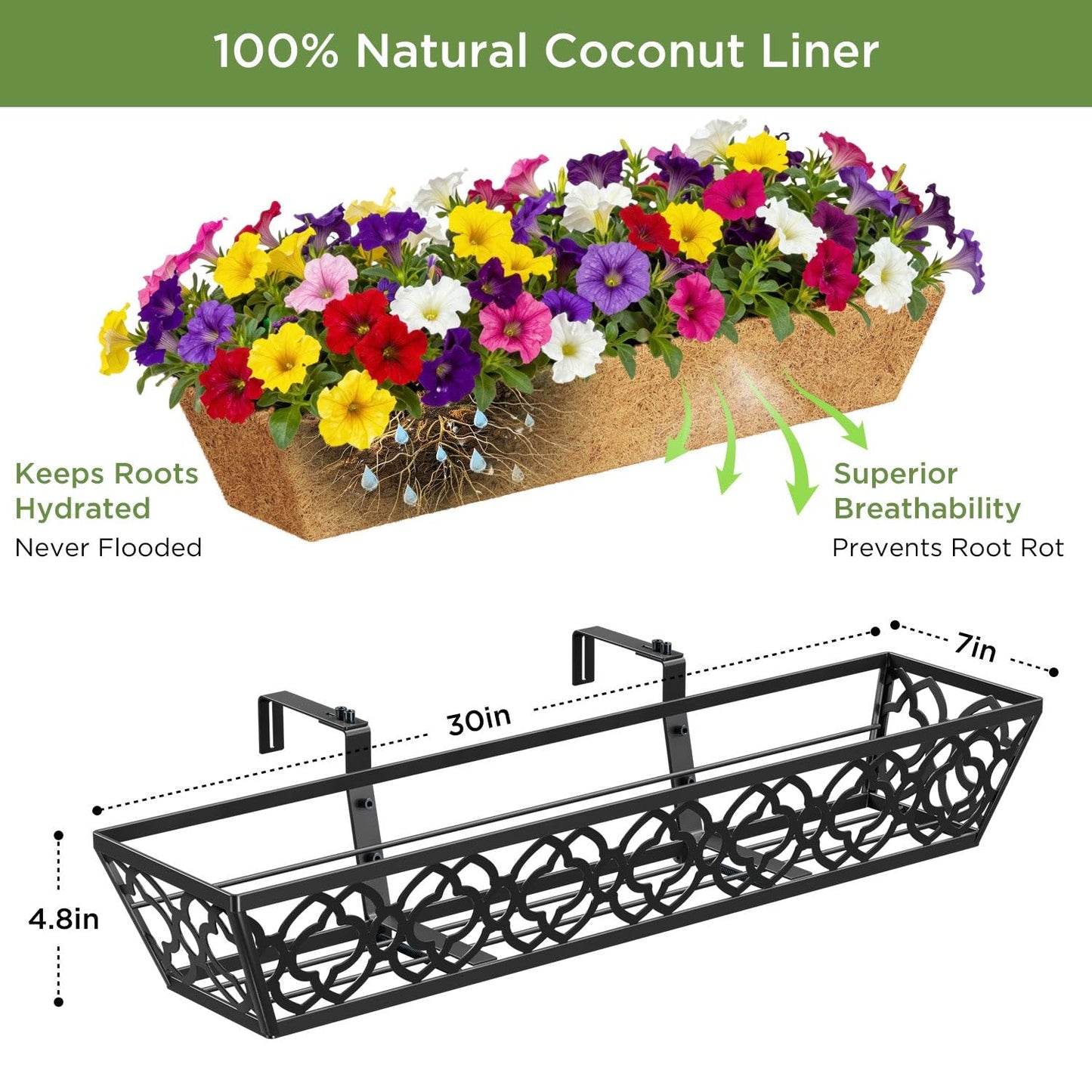 HFHOME 2 Pcs 30" Deck Railing Planter Box with Horse Trough Coco Liners, Black Window Box Metal Hanging Flower Planters Baskets for Indoor, Outdoor, Balcony, Porch, Fence, Patio, and Lawn