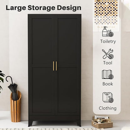 winiowa Metal Armoire Wardrobe Closet with 2 Doors, 71" Wardrobe Cabinet with Adjustable Shelves and Hanging Rod, Clothing Storage Cabinet Closet for Bedroom-Black