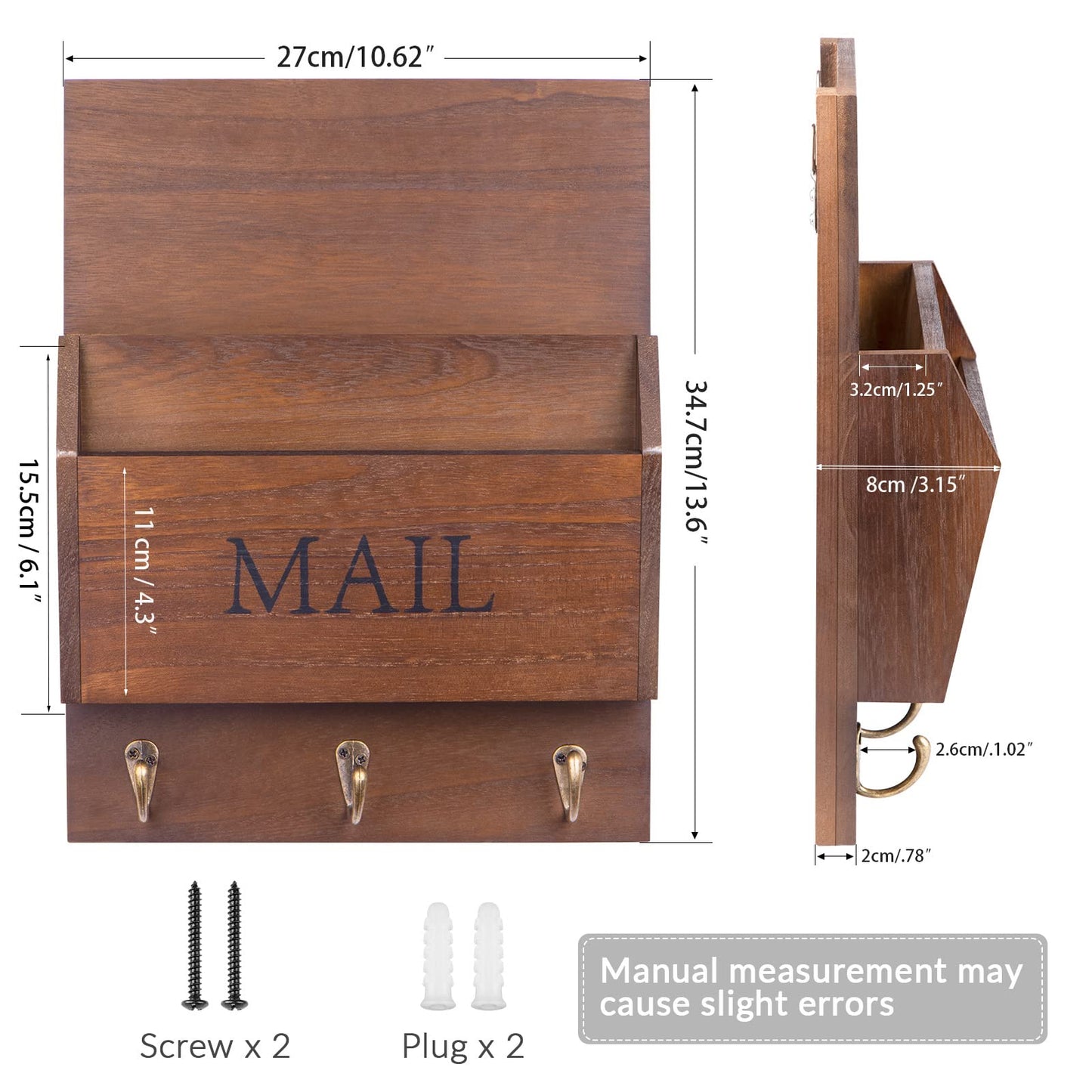 DLQuarts Mail Organizer with Key Holder for Wall Decorative Mail Sorter Wall Mounted, Wooden Mail Holder with 3 Hooks, Dark Brown