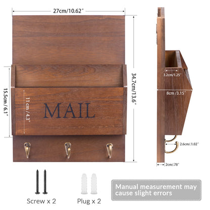 DLQuarts Mail Organizer with Key Holder for Wall Decorative Mail Sorter Wall Mounted, Wooden Mail Holder with 3 Hooks, Dark Brown
