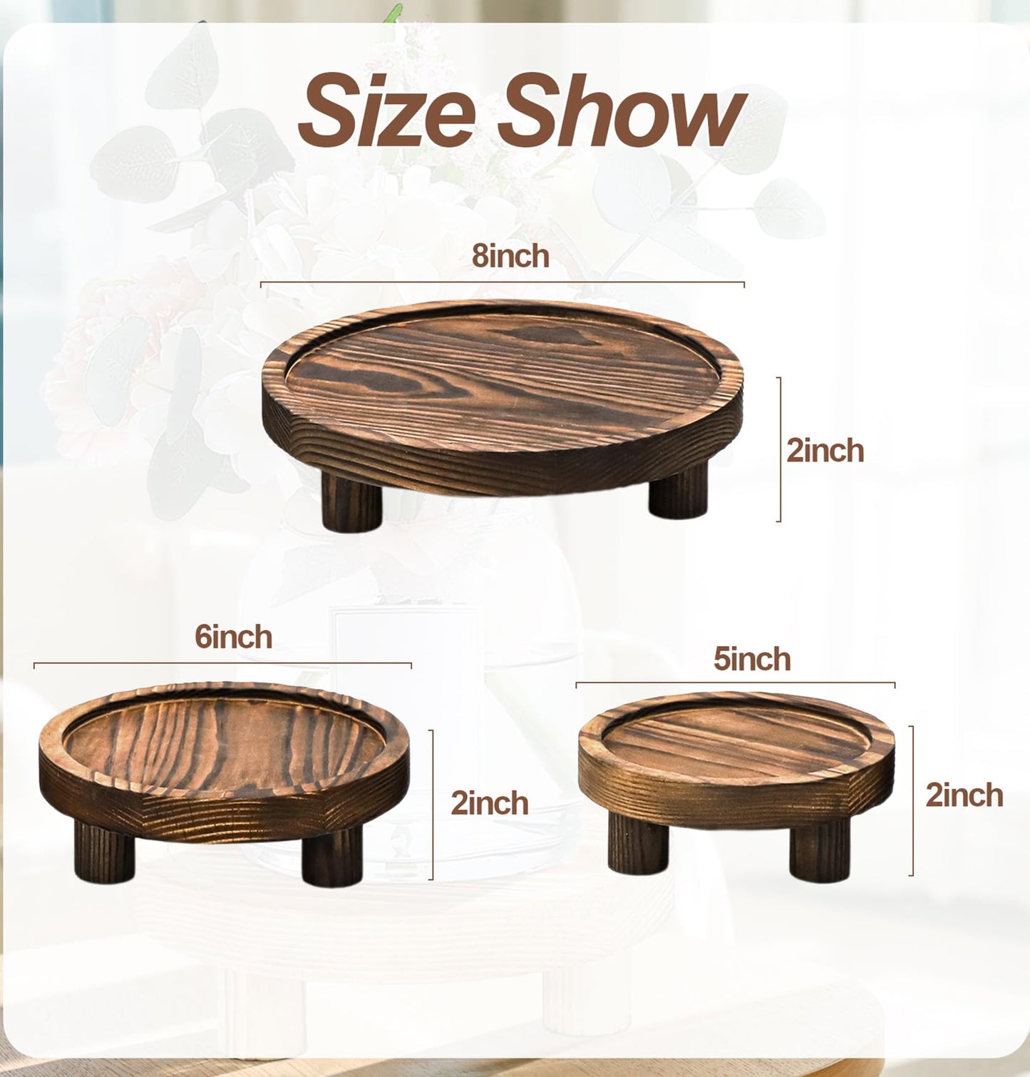 LINGXIANSENG 3 Pcs Wooden Risers for Display, Round Wood Riser Plant Stand 5/6/8" Pedestal Stand, Flower Pot Holder Small Planter Tray for Kitchen Home Décor (Brown)