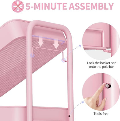 TOOLF 4-Tier Rolling Cart - Metal Storage Organizer with Lockable Wheels, 44 lbs Per Shelf Capacity, Tool-Free Assembly, for Kitchen Bathroom Office Laundry Room Nursery, Pink