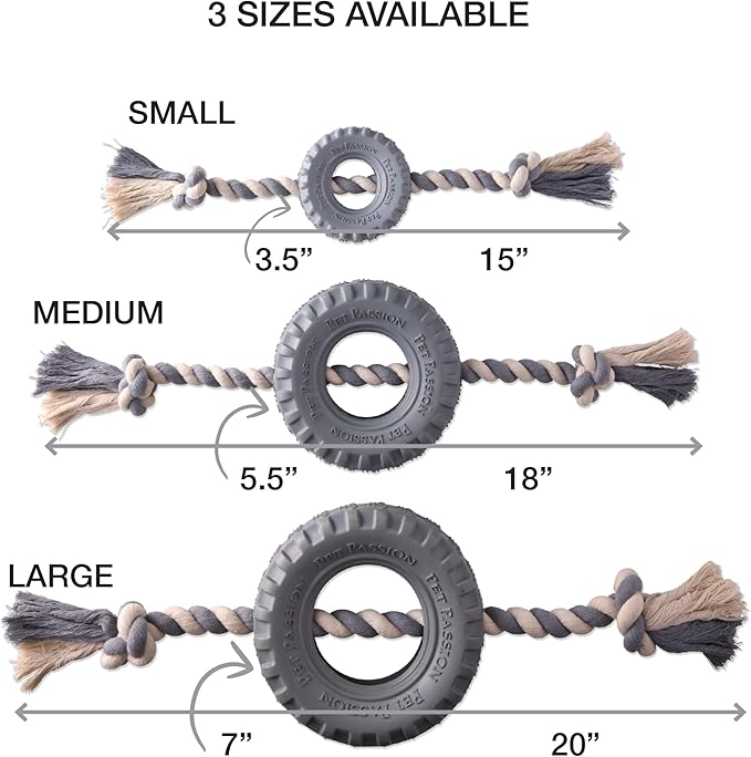 Pet Passion Natural Rubber Tire and Organic Cotton Rope Pull and Chew Dog Toy for All Pet Breeds, Gray, Medium