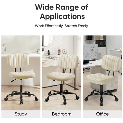 DUMOS Small Office Desk Chair - Armless PU Leather with Comfy Lumbar Support, Height Adjustable Rolling Swivel Task for No Arms, for Adult, Student, Bedroom, Home, Vanity, Beige White