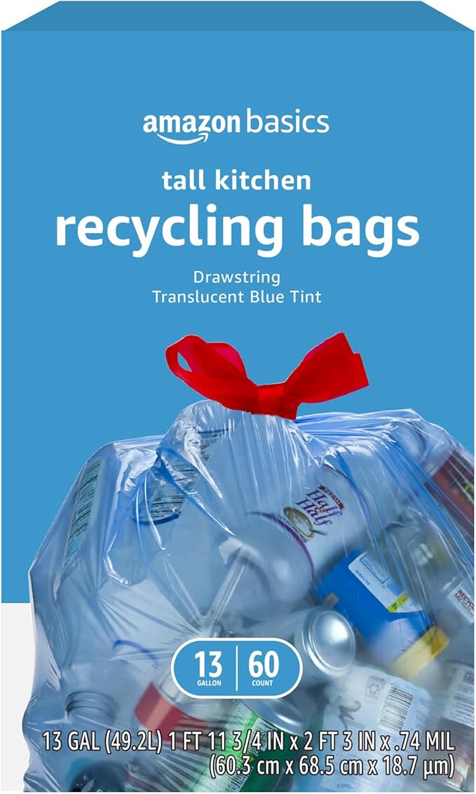 Amazon Basics Blue Recycling Drawstring Trash Bags, Tall Kitchen, 13 Gallon