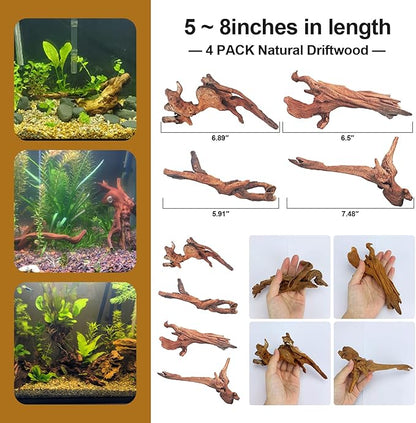 Natural Driftwood Decor for Aquarium Decorations Reptile Tank Accessories, Assorted Wood Branches Decorations on Reptile Fish Tank 2-10" 2 Pcs/4 Pcs/ 5 Pcs/ 6 Pcs (Pack of 4 (5. to 8 Inch))