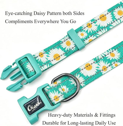 Dog Collar Leash Set, Floral Pattern, with Safety Reflective Strips, 5 ft Matching Leash, Neoprene Padded Handle, Adjustable 4 Sizes for Small Medium Large Dogs.(L, Green Daisy)