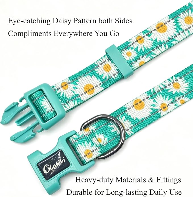 Dog Collar Leash Set, Floral Pattern, with Safety Reflective Strips, 5 ft Matching Leash, Neoprene Padded Handle, Adjustable 4 Sizes for Small Medium Large Dogs.(XS, Green Daisy)