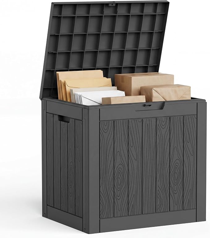 35 Gallon Package Delivery Boxes for Outside, Resin outdoor storage bin with a wood-grain pattern, Storage Cabinet for Parcel Shipping & Storage