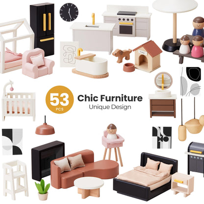 Tiny Land Doll House, Modern Family Dollhouse with Realistic Design, Wooden Dollhouse with 53Pcs Furniture - Ideal Gift for Kids Ages 3+
