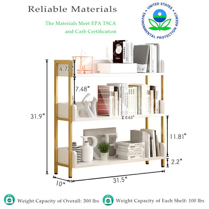 OSCHF Wide Open Shelf Bookcase - Modern 3-Tier Floor Standing Display Bookshelf with Three-Side Panels for Home and Office, Storage Shelving in Warm White with Gold Frame