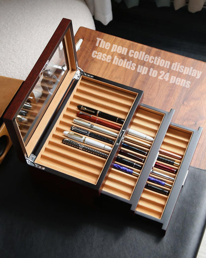 Besforu Wood Pen Display case 36 Slot Fountain Pen Box Storage Organizer with Drawer, Top Glass Window Pen Collection Display Case